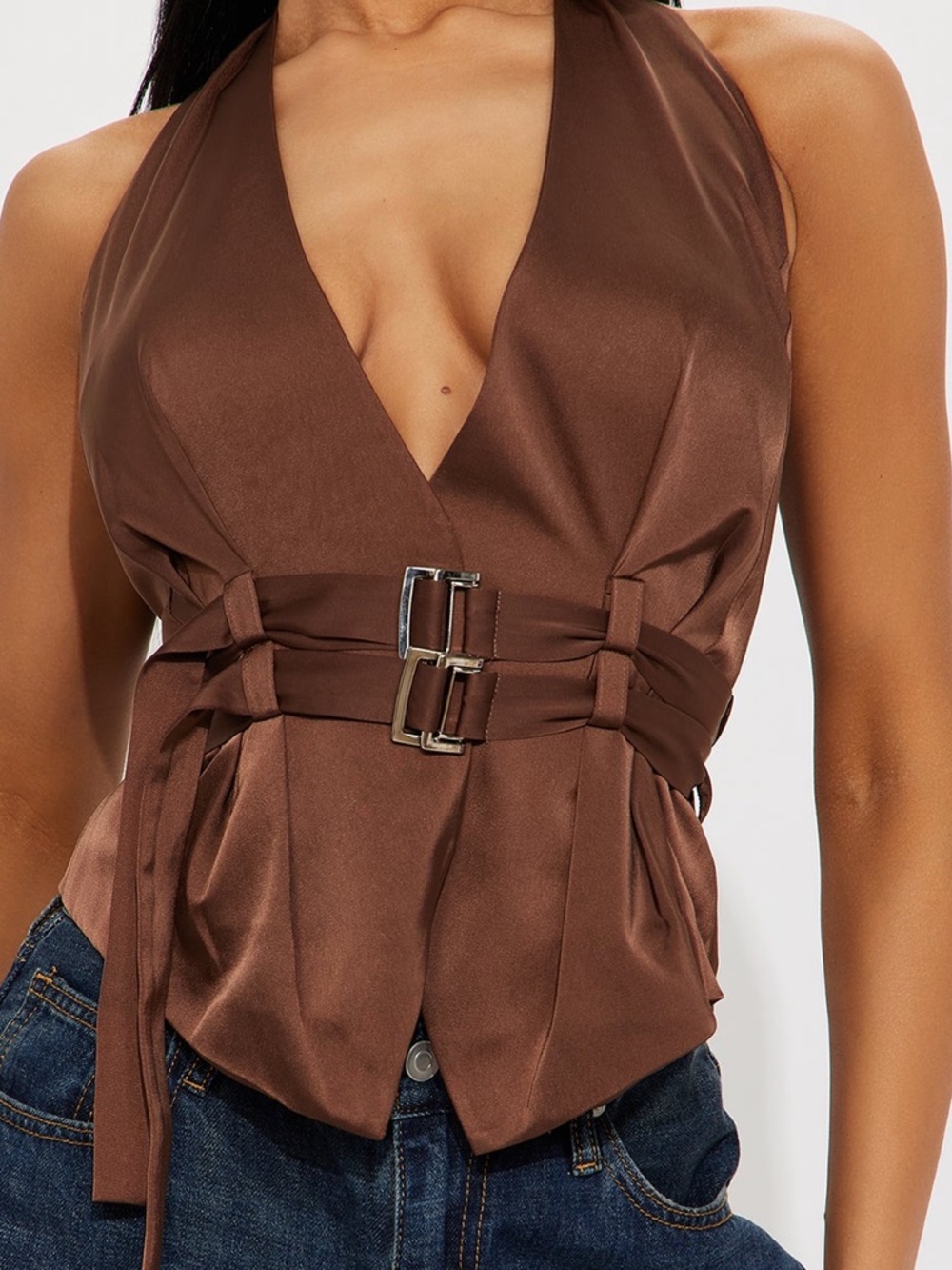 Fashion Nova Brown Satin Halter Camisole with Double Buckle